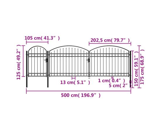 Poartă de gard de grădină cu arcadă, negru, 1,75 x 5 m, oțel, 5 image