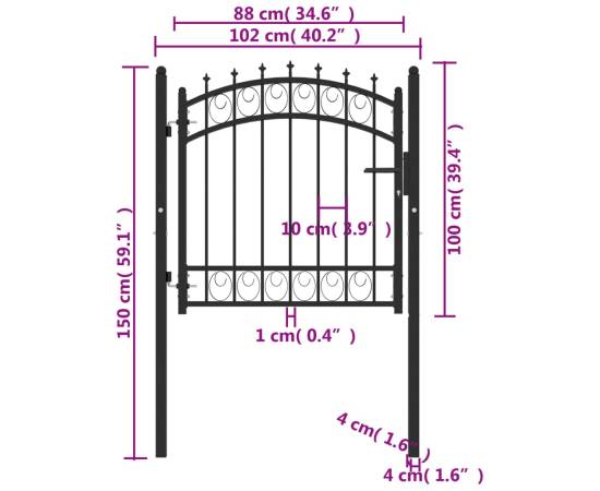 Poartă de gard cu țepușe, negru, 100x100 cm, oțel, 5 image