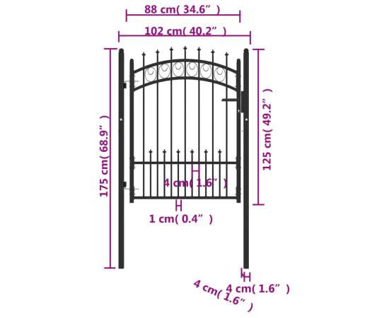 Poartă de gard cu țepușe, negru, 100x125 cm, oțel, 5 image