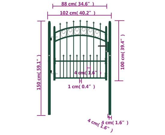 Poartă de gard cu țepușe, verde, 100x100 cm, oțel, 5 image
