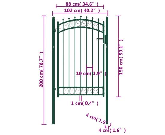 Poartă de gard cu țepușe, verde, 100x150 cm, oțel, 5 image