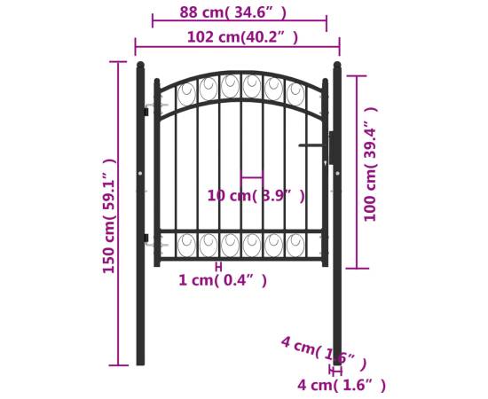 Poartă de gard cu arcadă, negru, 100x100 cm, oțel, 5 image