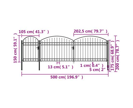 Poartă de grădină cu arcadă, negru, 2 x 5 m, oțel, 5 image