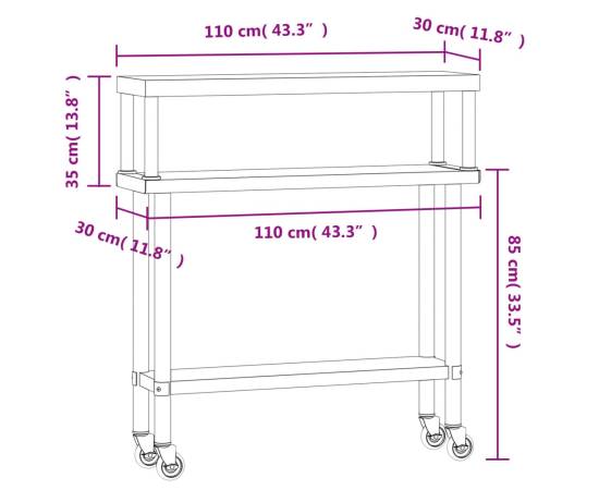 Masă bucătărie cu raft superior, 110x30x120 cm, oțel inoxidabil, 8 image