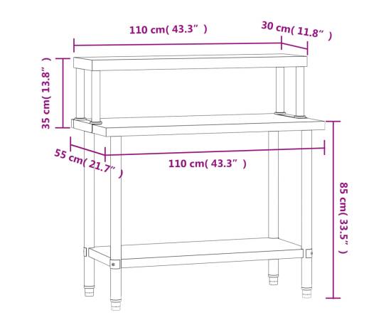 Masă bucătărie cu raft superior, 110x55x120 cm, oțel inoxidabil, 8 image