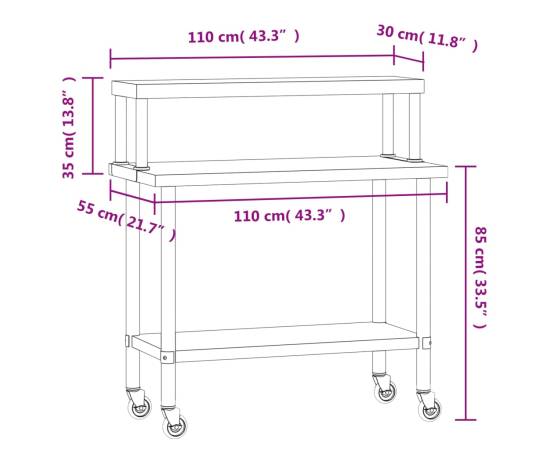 Masă bucătărie cu raft superior, 110x55x120 cm, oțel inoxidabil, 8 image