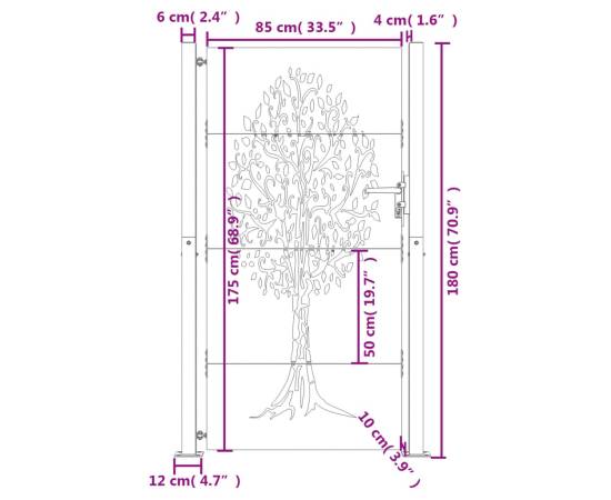 Poartă pentru grădină, 105x180 cm, oțel corten, model copac, 11 image