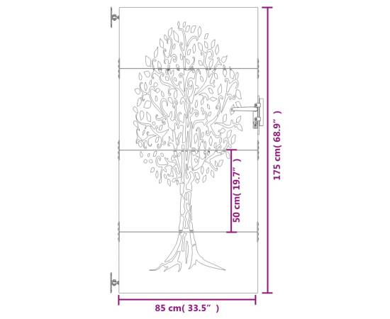 Poartă pentru grădină, 85x175 cm, oțel corten, model copac, 10 image