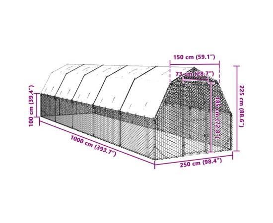 Țarc de găini cu acoperiș 2,5x10x2,25 m oțel galvanizat, 8 image