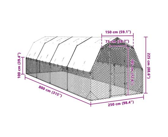 Țarc de găini cu acoperiș 2,5x8x2,25 m oțel galvanizat, 8 image