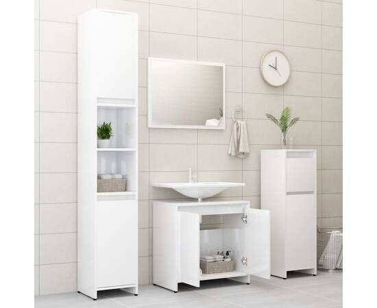 Set mobilier de baie, 3 piese, alb extralucios, pal, 4 image