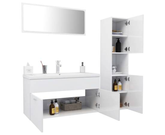 Set mobilier de baie, alb extralucios, pal, 3 image