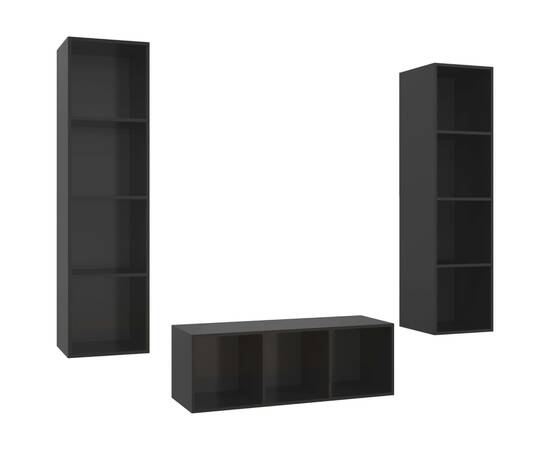 Set de dulapuri tv, 3 piese, negru extralucios, pal, 2 image