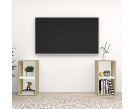 Comode tv,  2 buc., alb și stejar sonoma, 72x35x36,5 cm, pal