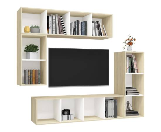 Set de dulapuri tv, 4 piese, alb și stejar sonoma, pal, 3 image