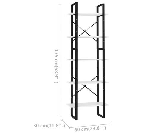 Bibliotecă cu 5 rafturi, alb, 60x30x175 cm, pal, 6 image