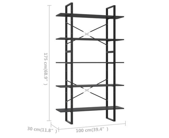 Bibliotecă cu 5 rafturi, gri, 100x30x175 cm, pal, 6 image