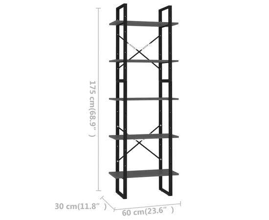 Bibliotecă cu 5 rafturi, gri, 60x30x175 cm, pal, 6 image