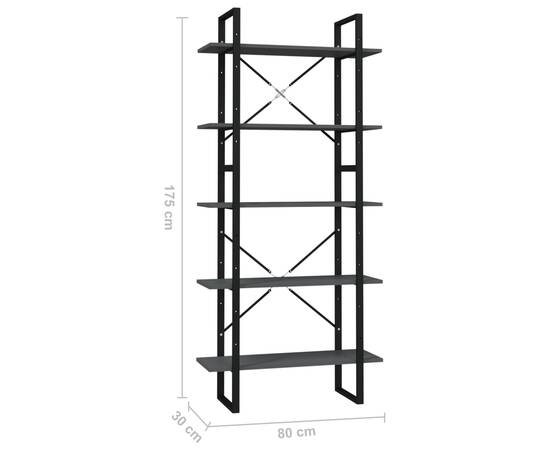 Bibliotecă cu 5 rafturi, gri, 80x30x175 cm, pal, 4 image