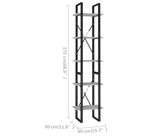 Bibliotecă cu 5 rafturi, gri beton, 40x30x175 cm, pal, 6 image