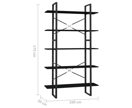 Bibliotecă cu 5 rafturi, negru, 100x30x175 cm, lemn de pin, 5 image