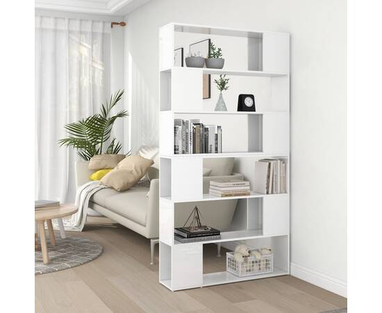 Bibliotecă/separator cameră, alb extralucios, 100x24x188 cm