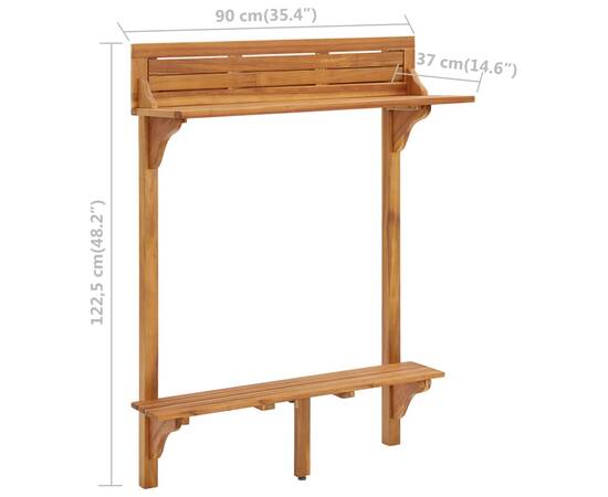 Masă de bar pentru balcon, 90x37x122,5 cm, lemn masiv de acacia, 8 image