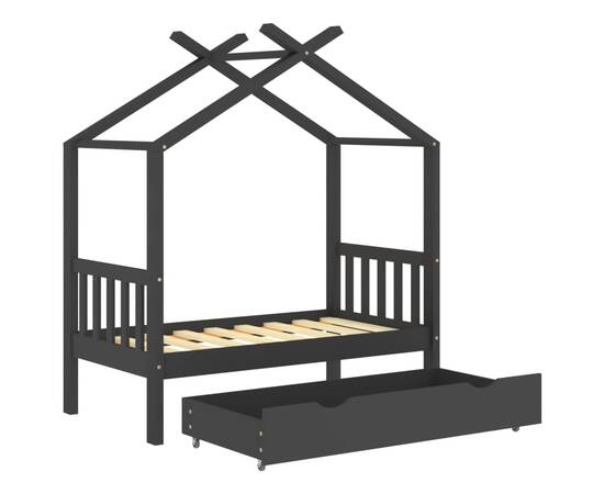Cadru pat copii cu sertar gri închis 70x140 cm lemn masiv pin, 5 image