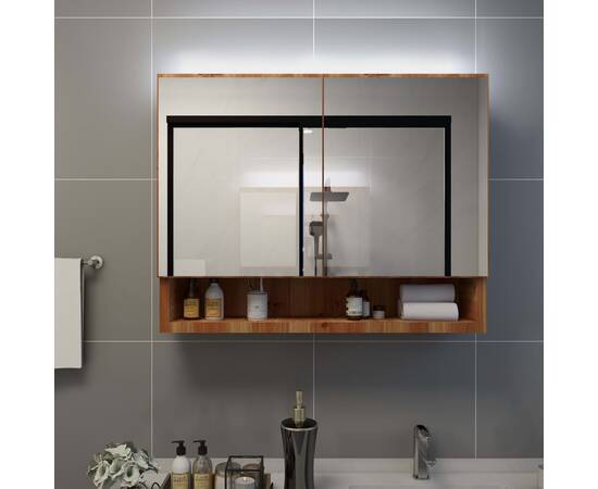 Dulap de baie cu oglindă și led-uri, stejar, 80x15x60 cm, mdf
