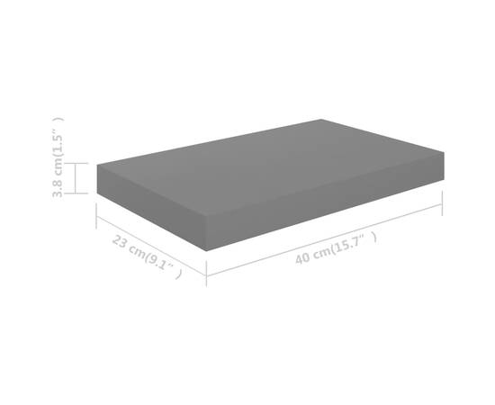 Raft de perete suspendat, gri extralucios, 40x23x3,8 cm, mdf, 9 image