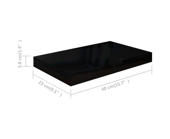 Raft de perete suspendat, negru extralucios, 40x23x3,8 cm, mdf, 9 image