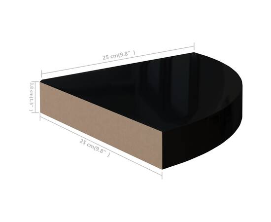 Raft colțar de perete, negru extralucios, 25 x 25 x 3,8 cm, mdf, 9 image