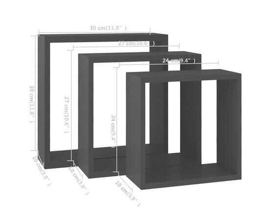 Rafturi cub de perete, 3 buc., negru, mdf, 11 image