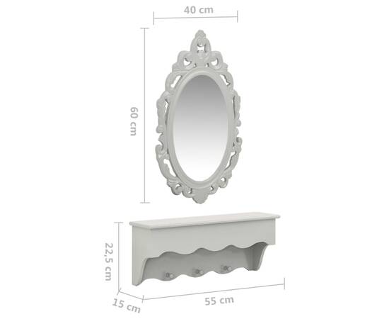Set raft perete pentru chei/bijuterii cu oglindă și cârlige gri, 4 image