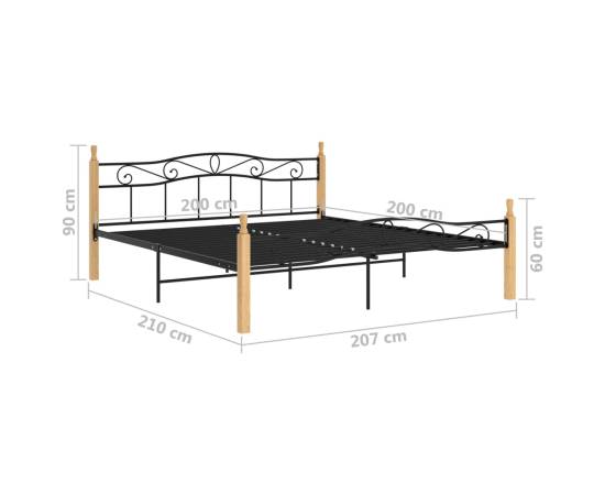 Cadru de pat, negru, 200x200 cm, metal și lemn masiv de stejar, 6 image