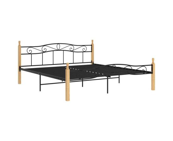 Cadru de pat, negru, 200x200 cm, metal și lemn masiv de stejar, 2 image