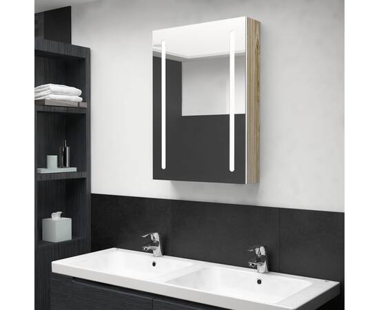 Dulap de baie cu oglindă și led, alb și stejar, 50x13x70 cm