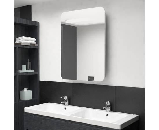 Dulap de baie cu oglindă și led, alb și stejar, 60x11x80 cm