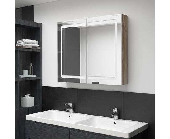 Dulap de baie cu oglindă și led, alb și stejar, 80x12x68 cm