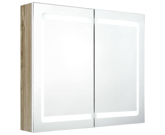 Dulap de baie cu oglindă și led, alb și stejar, 80x12x68 cm, 2 image