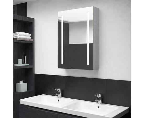 Dulap de baie cu oglindă și led, gri beton, 50x13x70 cm