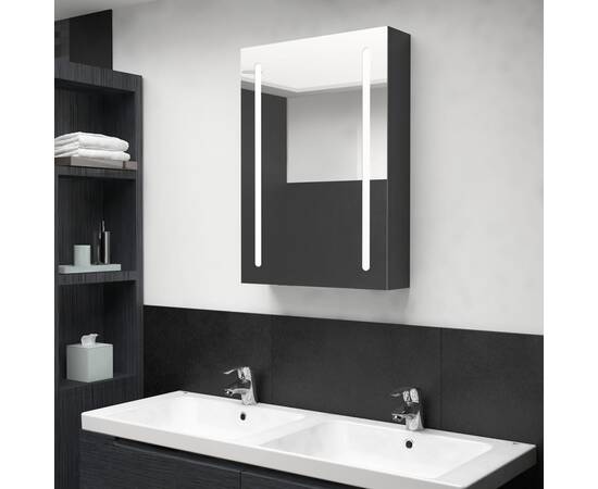 Dulap de baie cu oglindă și led, negru strălucitor, 50x13x70 cm