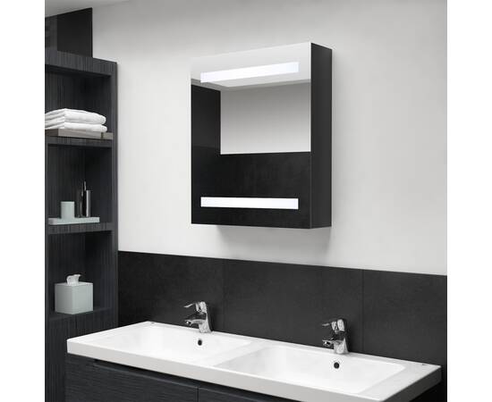 Dulap de baie cu oglindă și led, negru strălucitor, 50x14x60 cm