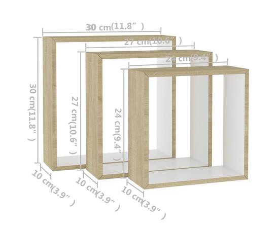 Rafturi de perete cub, 3 buc., alb și stejar sonoma, 11 image