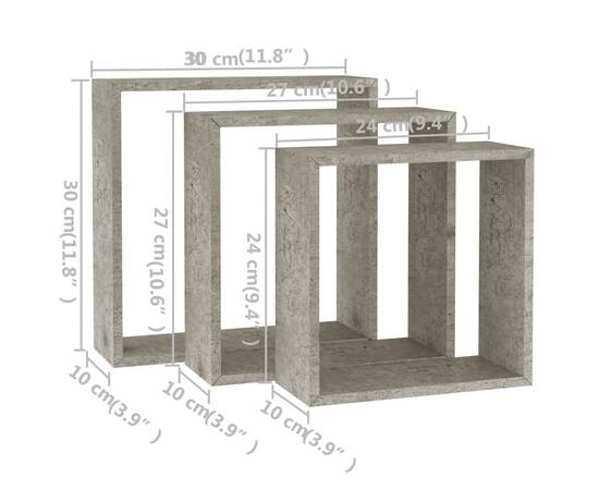 Rafturi de perete cub, 3 buc., gri beton, 11 image