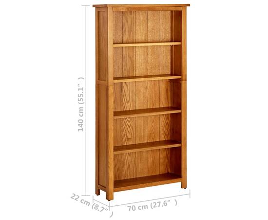 Bibliotecă cu 5 rafturi, 70x22x140 cm, lemn masiv de stejar, 6 image