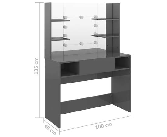 Masă de machiaj cu lumini led, gri lucios, 100x40x135 cm, mdf, 6 image