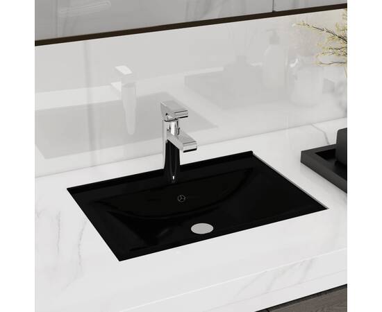 Chiuvetă baie loc robinet/preaplin negru ceramic dreptunghiular, 2 image