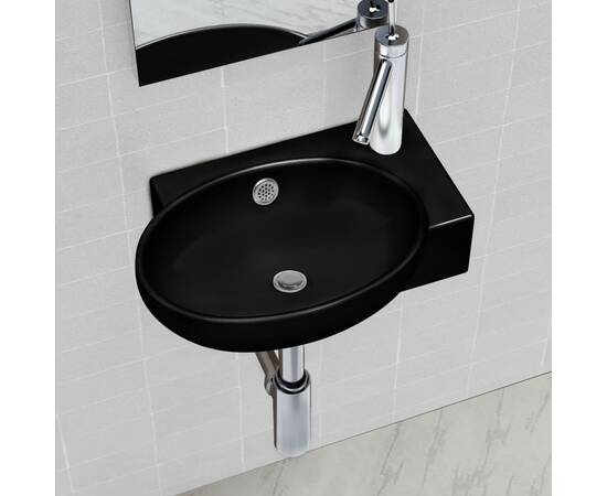 Chiuvetă baie orificiu robinet/preaplin, negru, ceramică, rotund