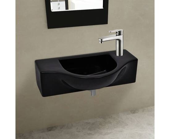 Chiuvetă de baie din ceramică, gaură pentru robinet și preaplin, negru